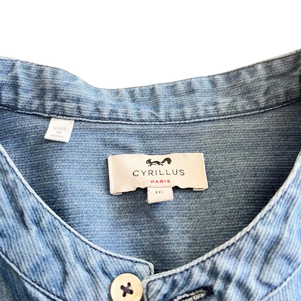 Cyrillus boys blue chambray denim mandarin collar long sleeve button up shirt - Picture 2 of 6